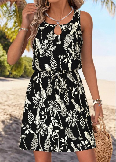 Modlily Black Tummy Coverage Tropical Plants Print Short Sleeveless Dre