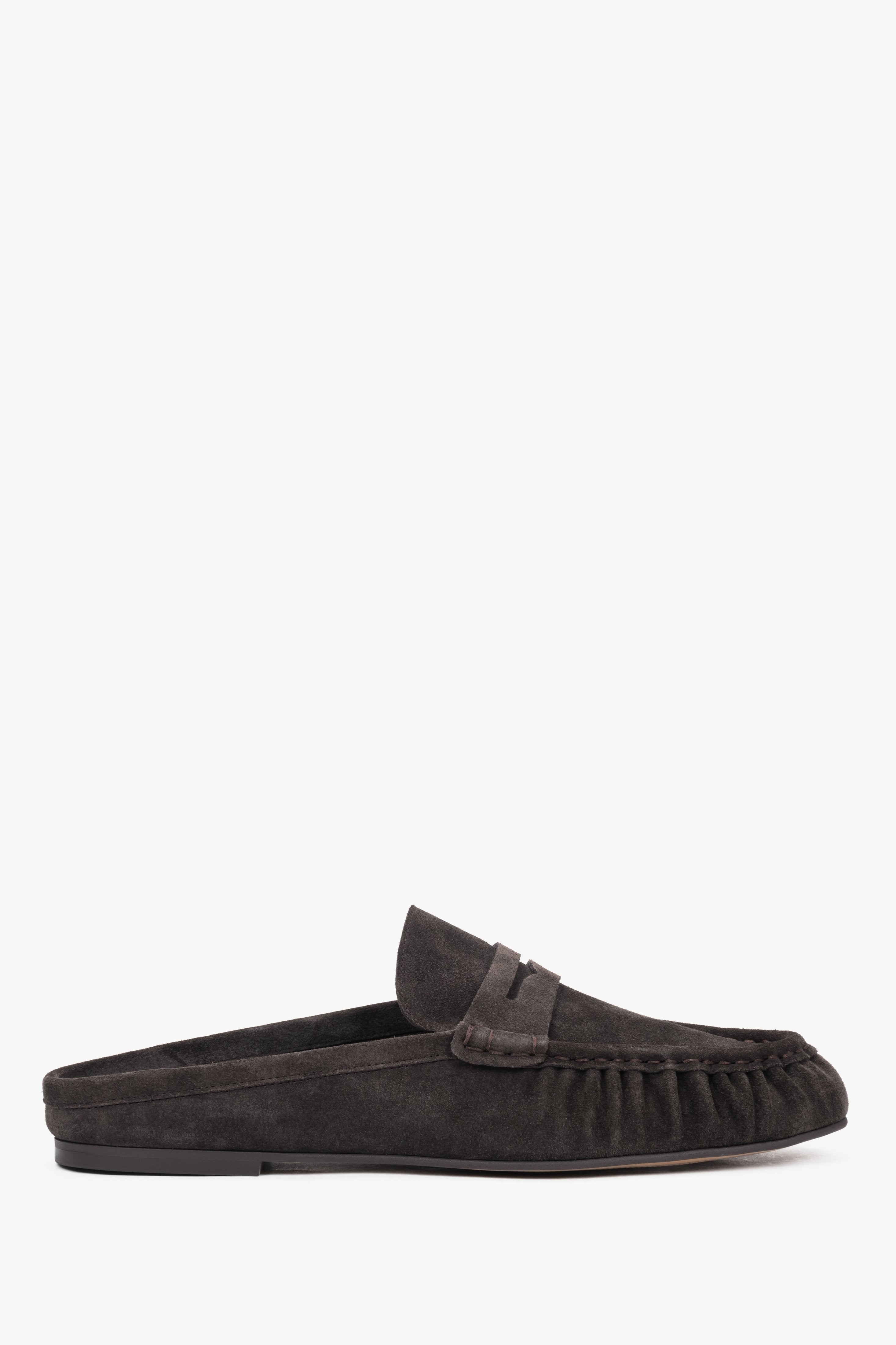 Dunkelbraune Damen-Mules aus natürlichem Veloursleder im Loafer-Stil Estro ER