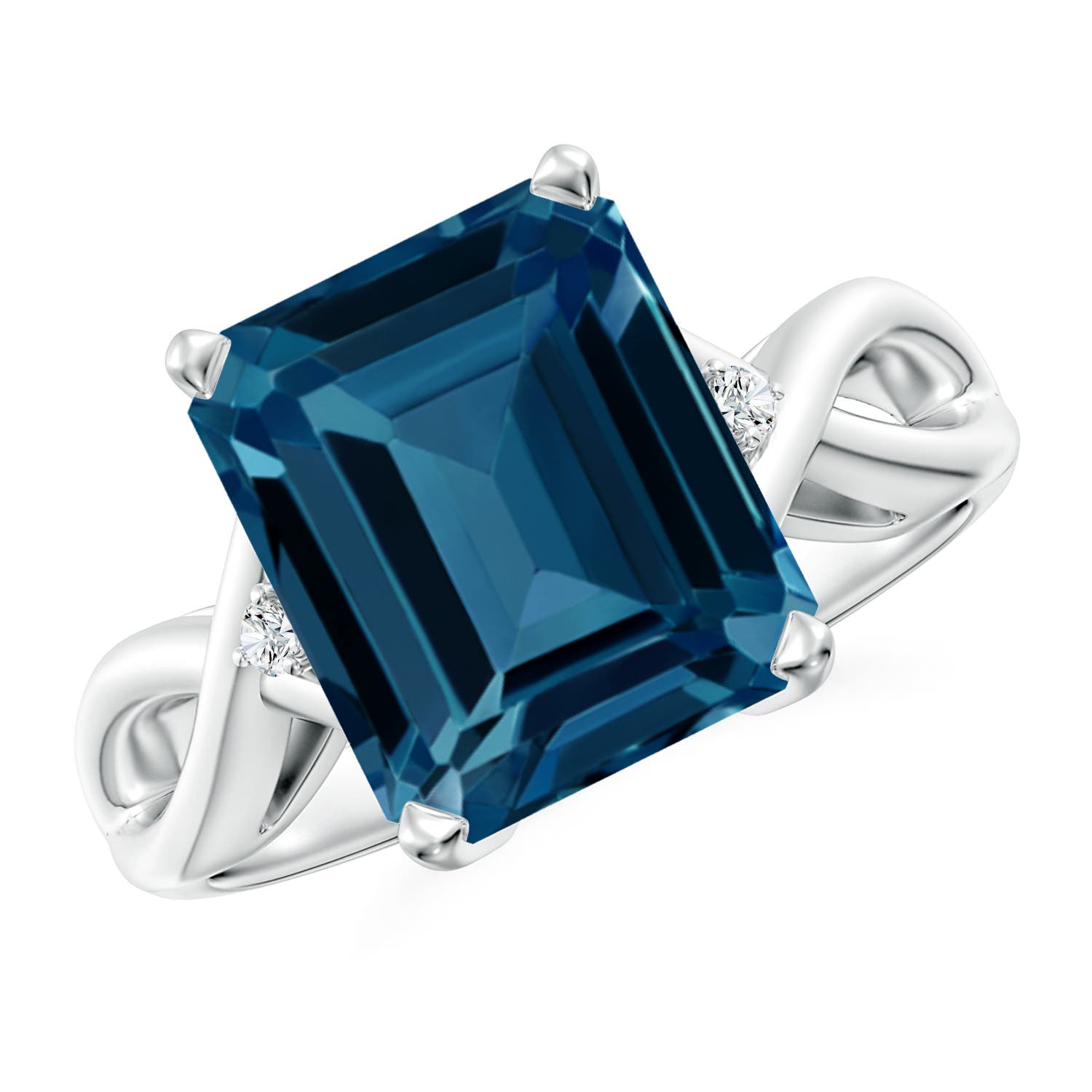 Angara 5.6 Carats Emerald Cut London Blue Topaz Twist Shank Statement Ring in Platinum