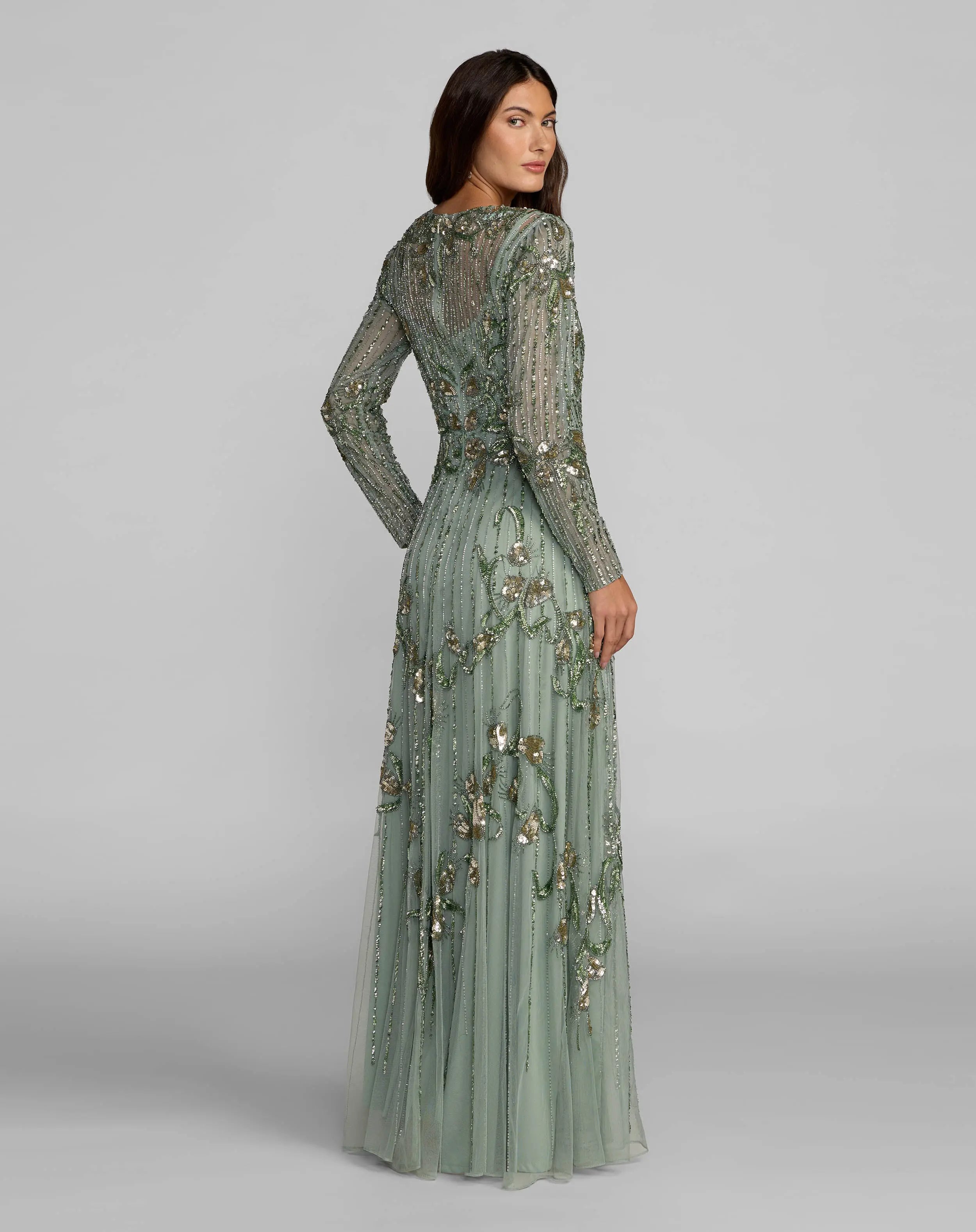 Green Beaded Long Sleeve A Line Gown