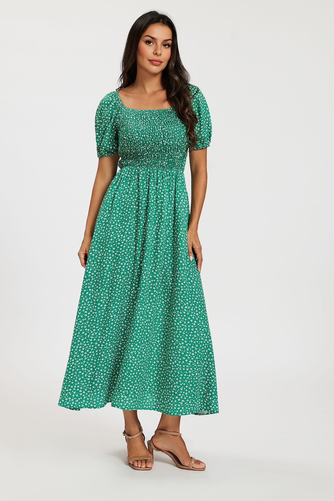 FS Collection Women's Floral Shirred Square Neck Midi Dress with Puff Sleeves in Green | : Mediu