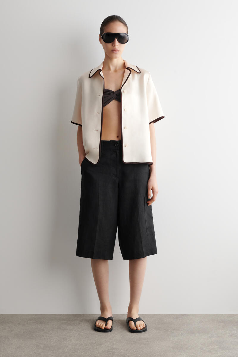 Contrast-Piped Satin Shirt