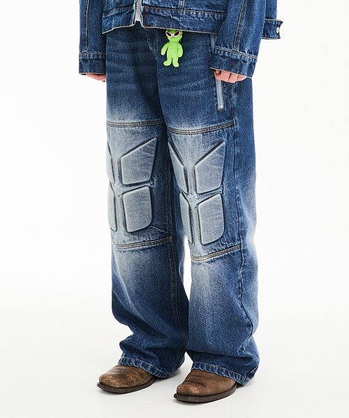 Embossed Denim Biker Pants Medium Blue