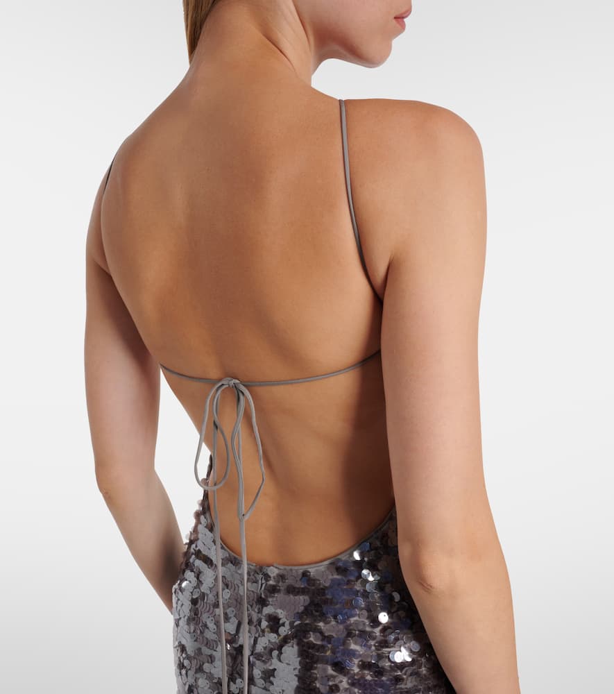 Floral-appliqué sequined gown