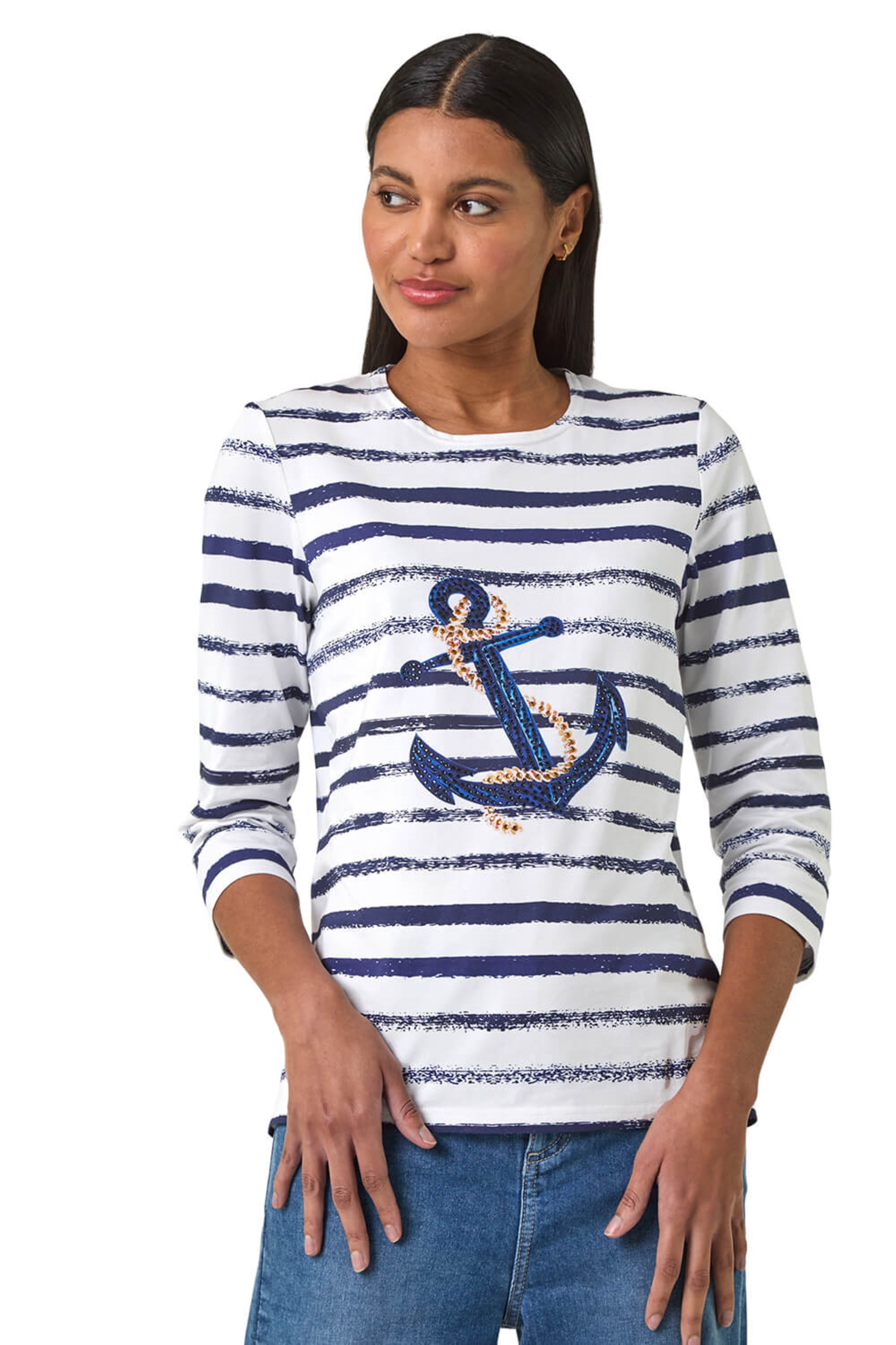 Roman Womens Anchor Striped Hotfix Top - Blue