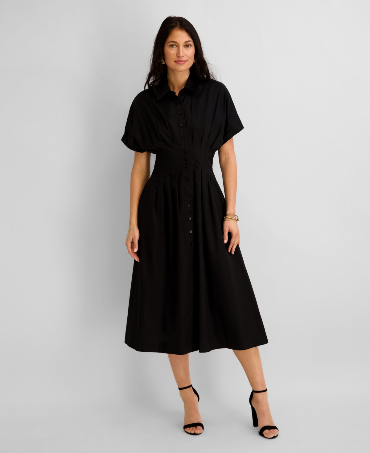 Women's Button-Front Cinched Waist Cotton Midi Shirt Dress - BLACK
