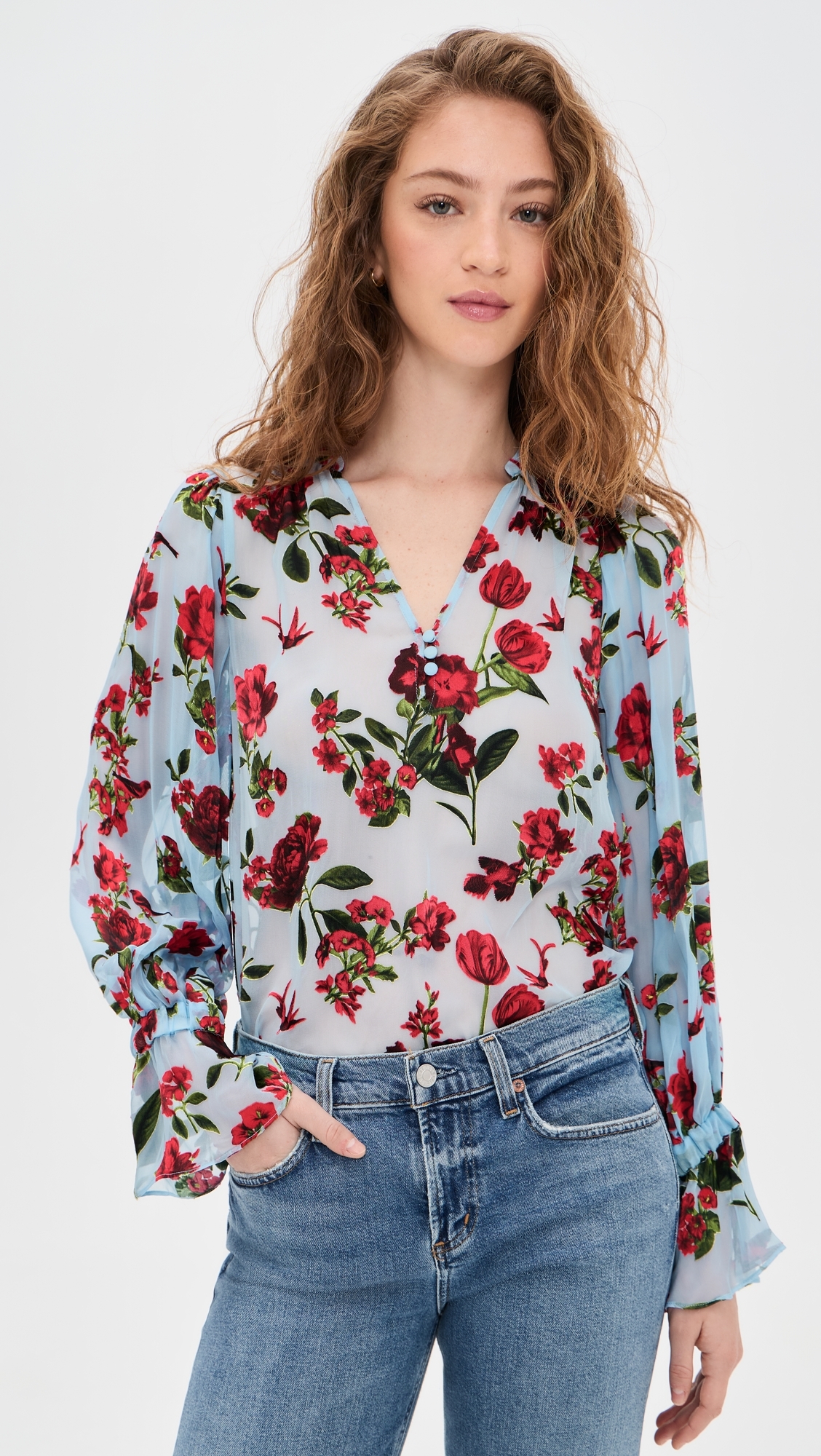 Moranne Blouson Ruffle Sleeve Top AMERICAN BEAUTY CAROLINA BLUE