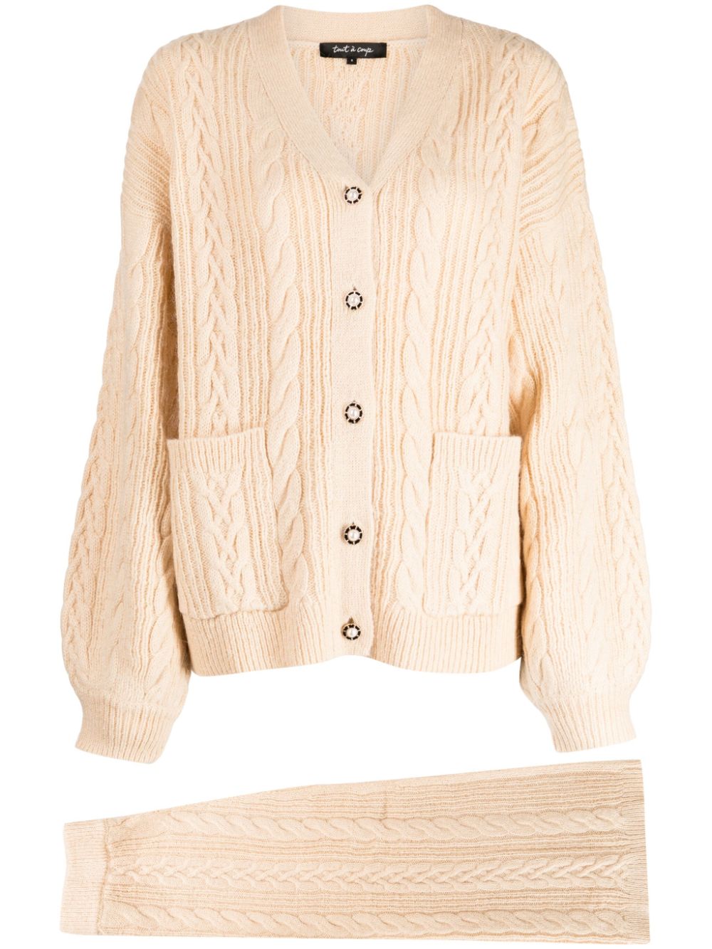 Faux-pearl button cable-knit cardigan set - Neutrals