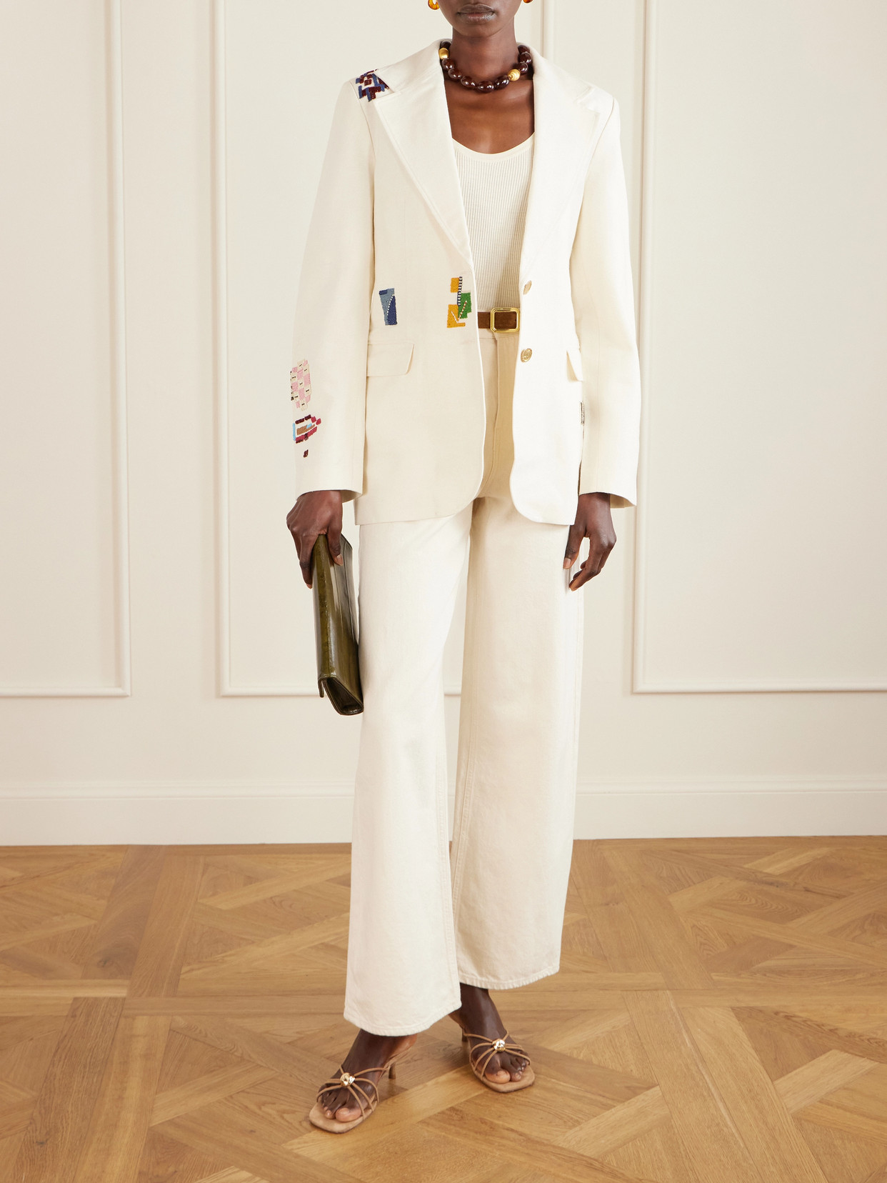 Afternoon Abstract Tile Bead-embellished Silk Blazer - Off-white