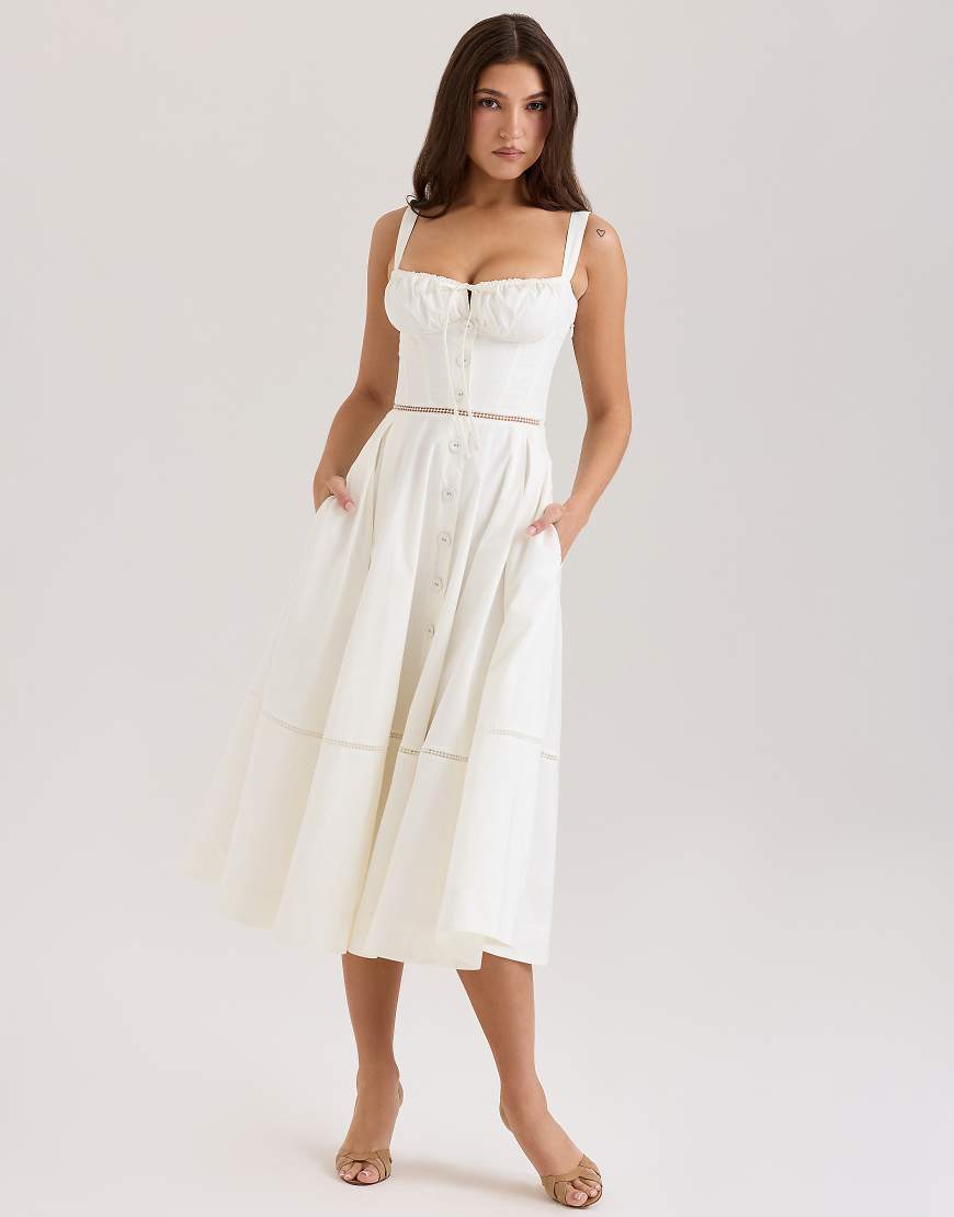 House of CB Chiarina cotton button front midi dress in white