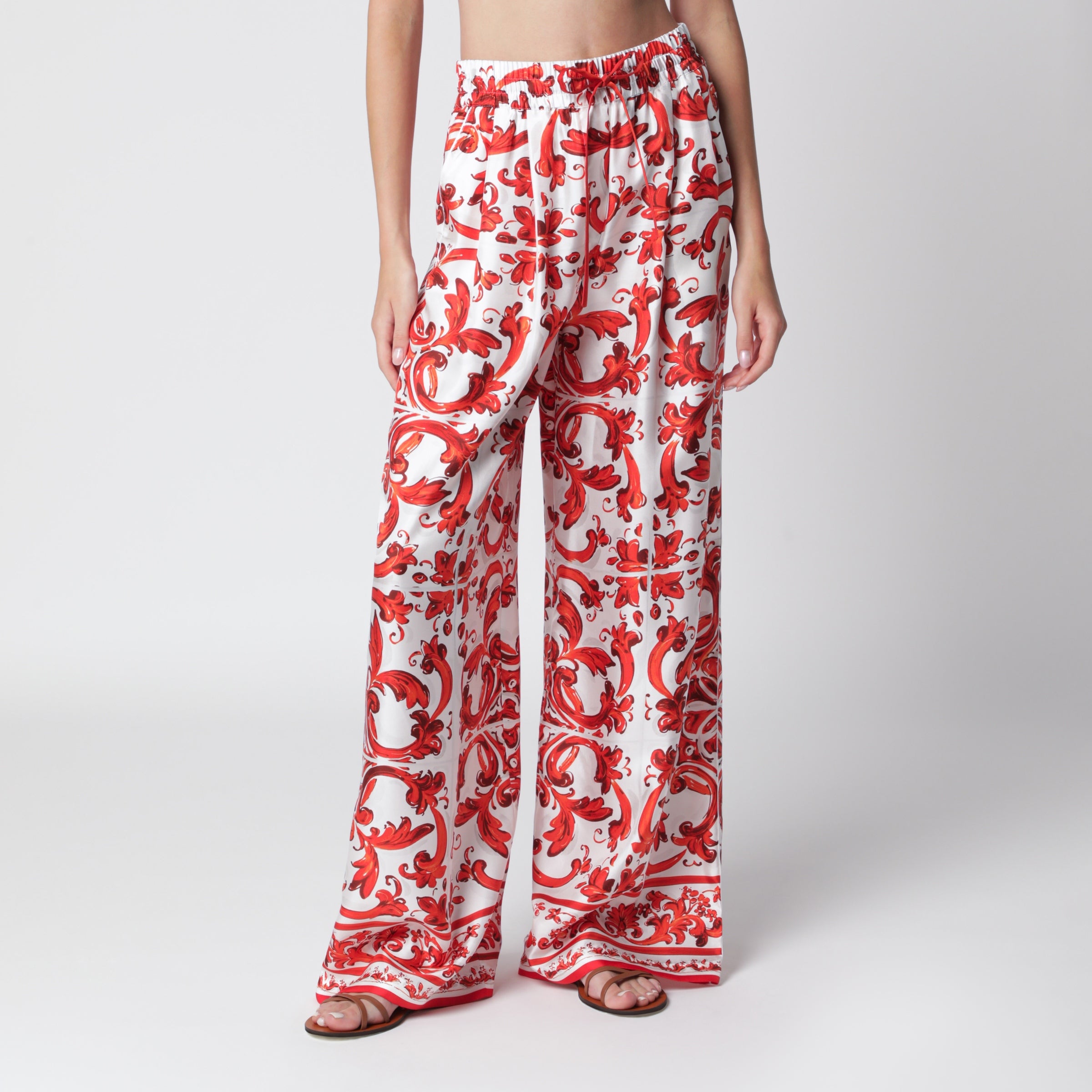 Wide-leg maiolica-print silk pants in orange