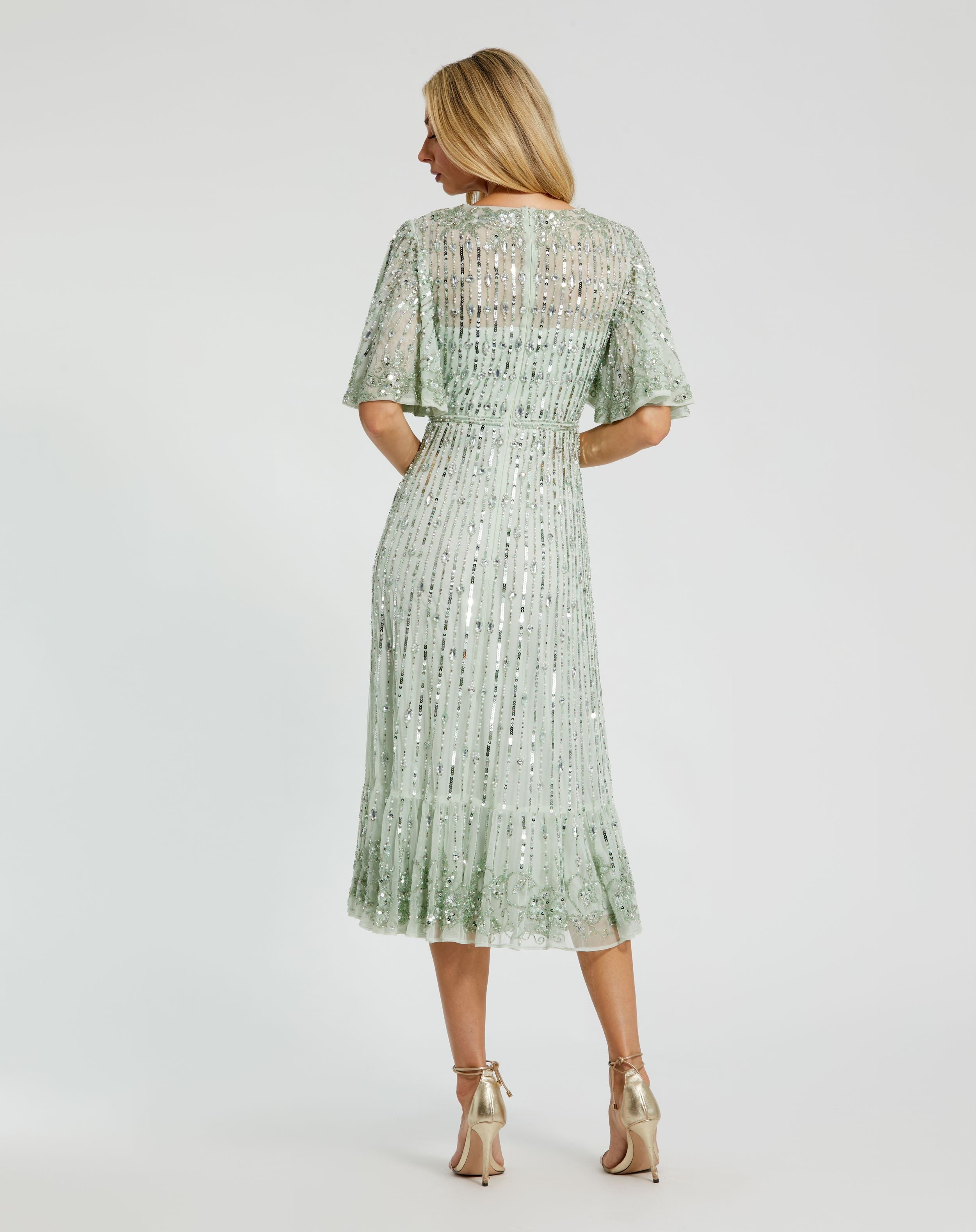 Flounce Sleeve Midi Dress In Sand Silver