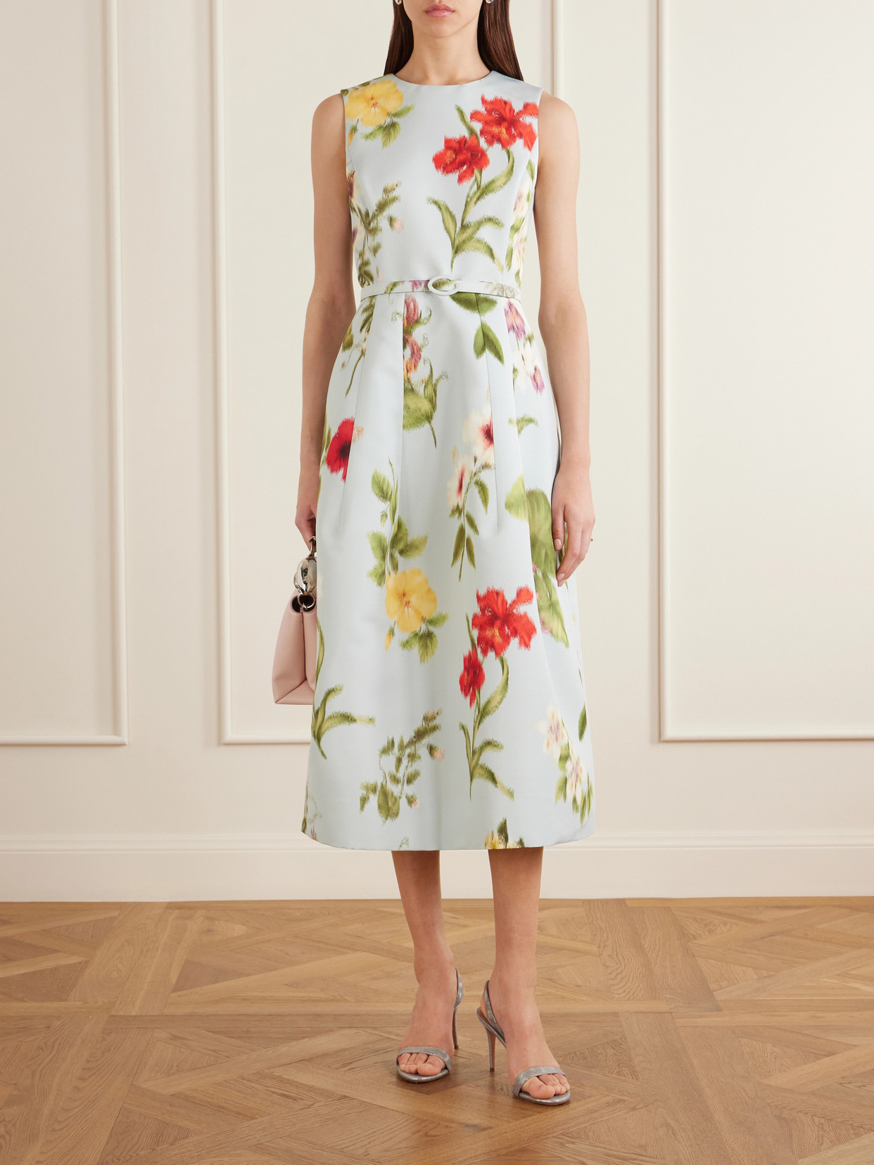 Belted Floral-print Faille Midi Dress - Blue