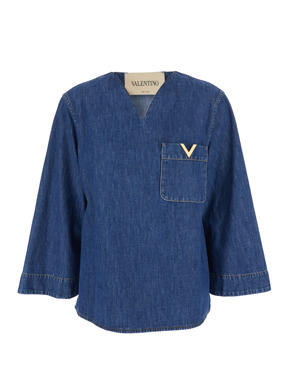 V-Neck Cotton Shirt — Blue