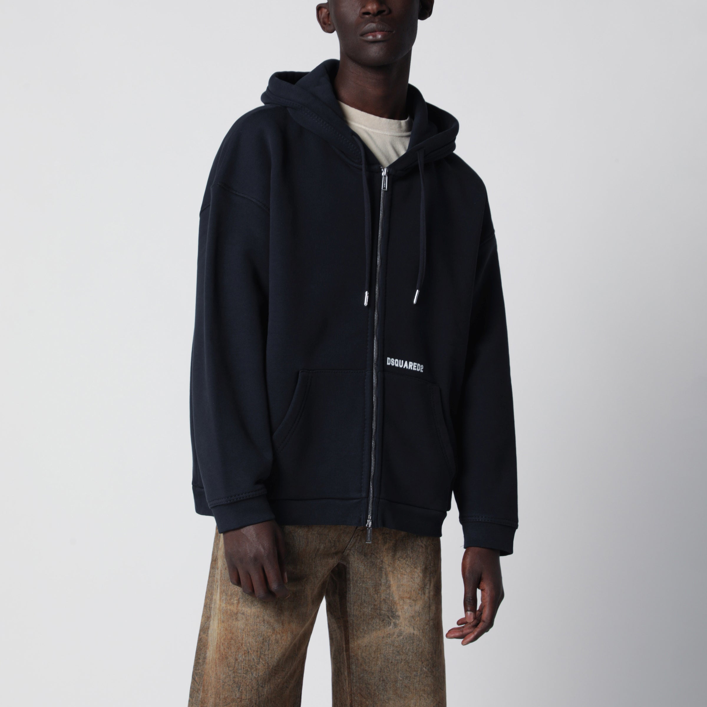 Zip-up hoodie in stretch cotton, blue