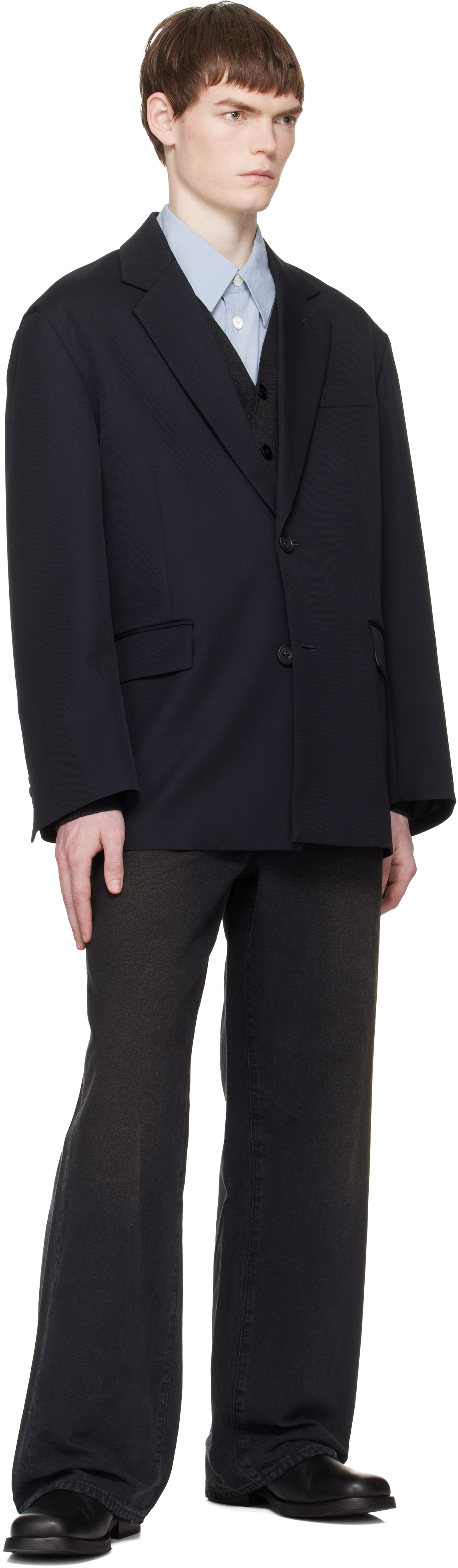 Navy Wool Kersey Oversized Single Breasted Blazer