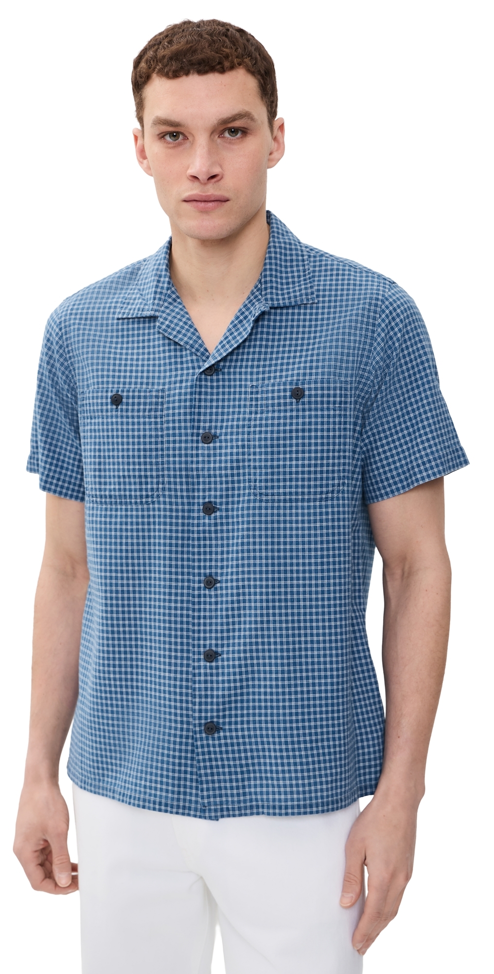 Billy Short Sleeve Plaid Collared Shirt Indigo Cream