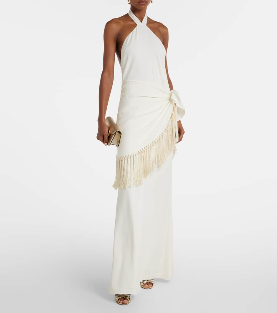 Meteora fringed halterneck crêpe cady gown