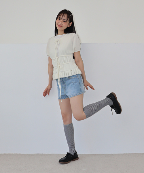RUFFLE TEM TIE KNIT CARDIGAN IVORY