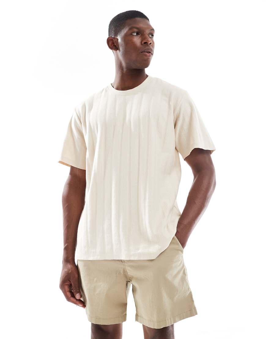 Oversized T-shirt in textured stripe in cream-White