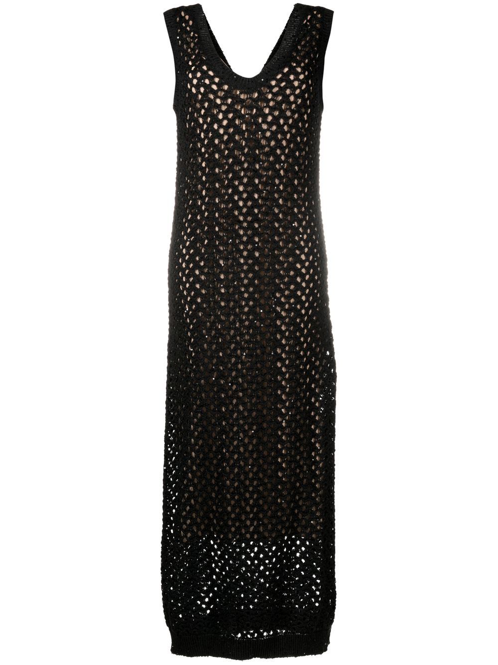 Maxi Black Sleeveless Open Knit Dress In Cotton And Linen Blend Woman