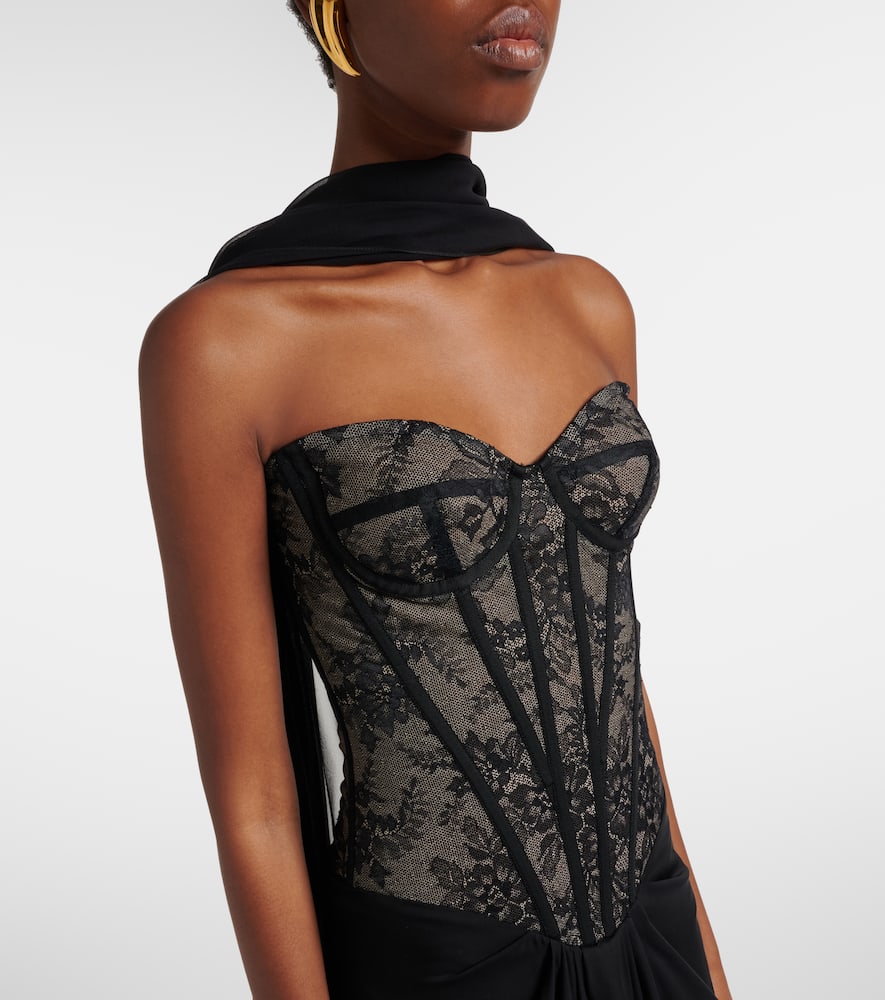 Scarf-detail draped lace gown