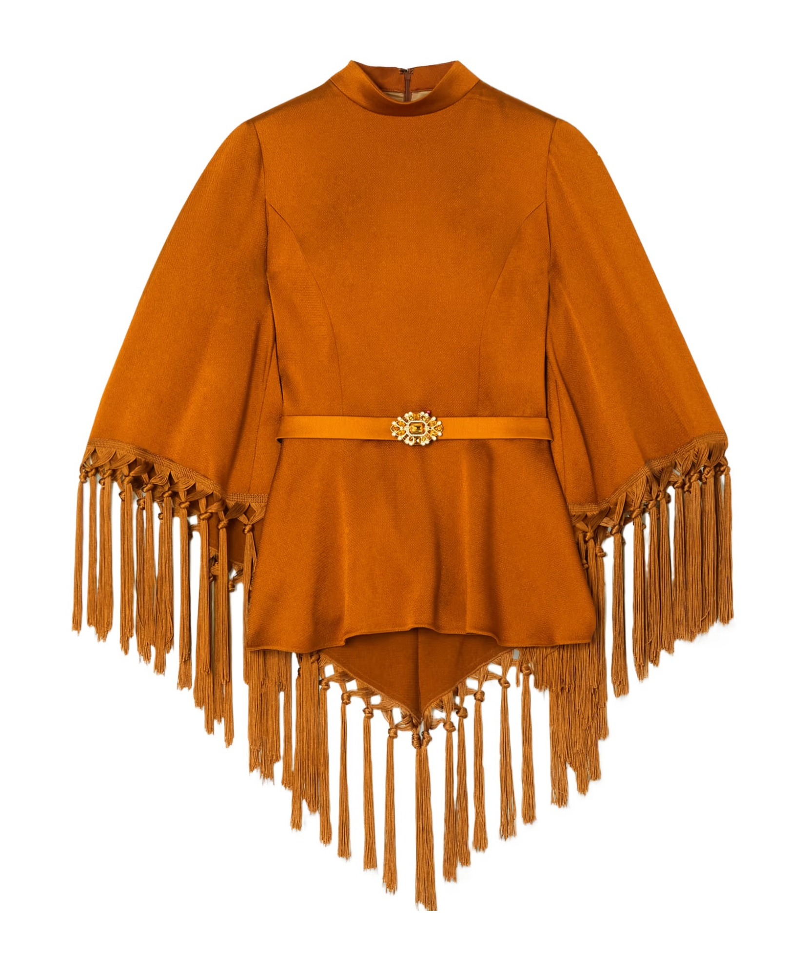 Cape-effect belted tasseled hammered-satin blouse