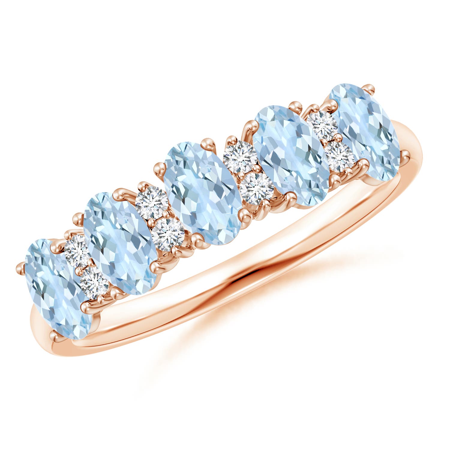 Angara 1.0 Carat Five Stone Aquamarine and Diamond Wedding Ring in 18K Rose Gold