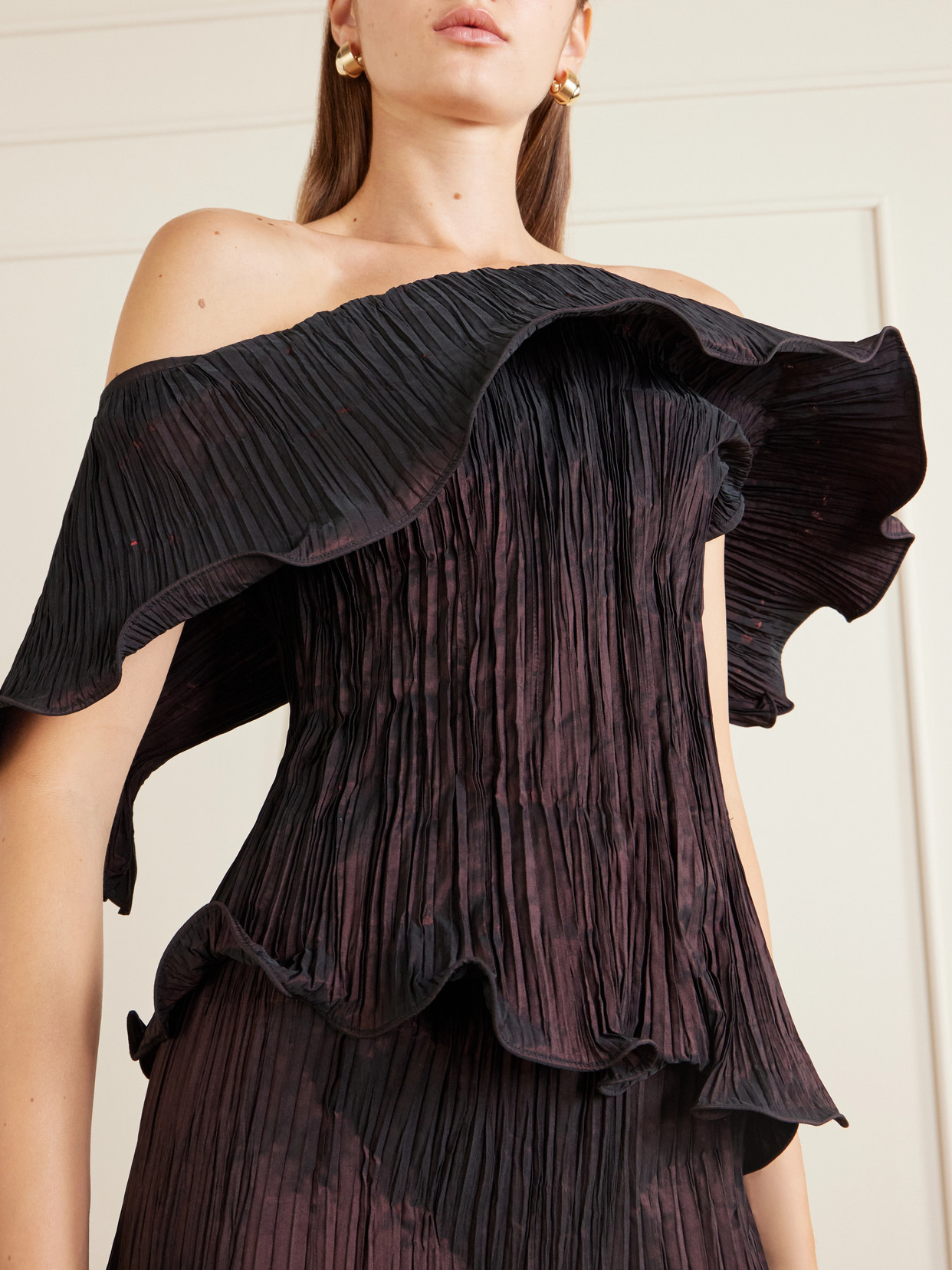 Pleated Off-the-shoulder Taffeta Gown - Purple
