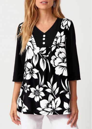 Modlily Decorative Button Floral Print T Shirt