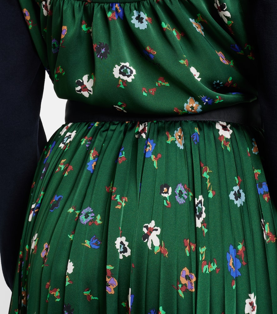 Floral plissé satin midi skirt