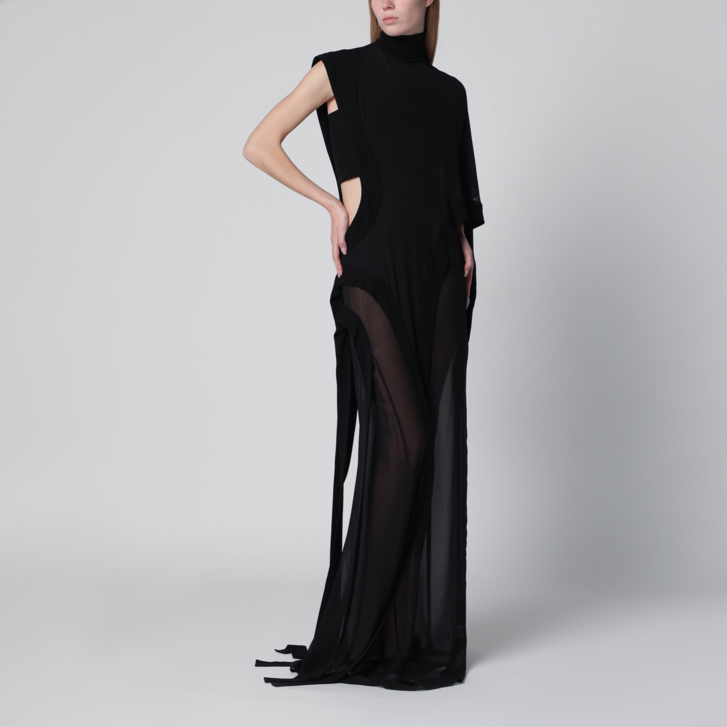 Long black one-shoulder silk dress