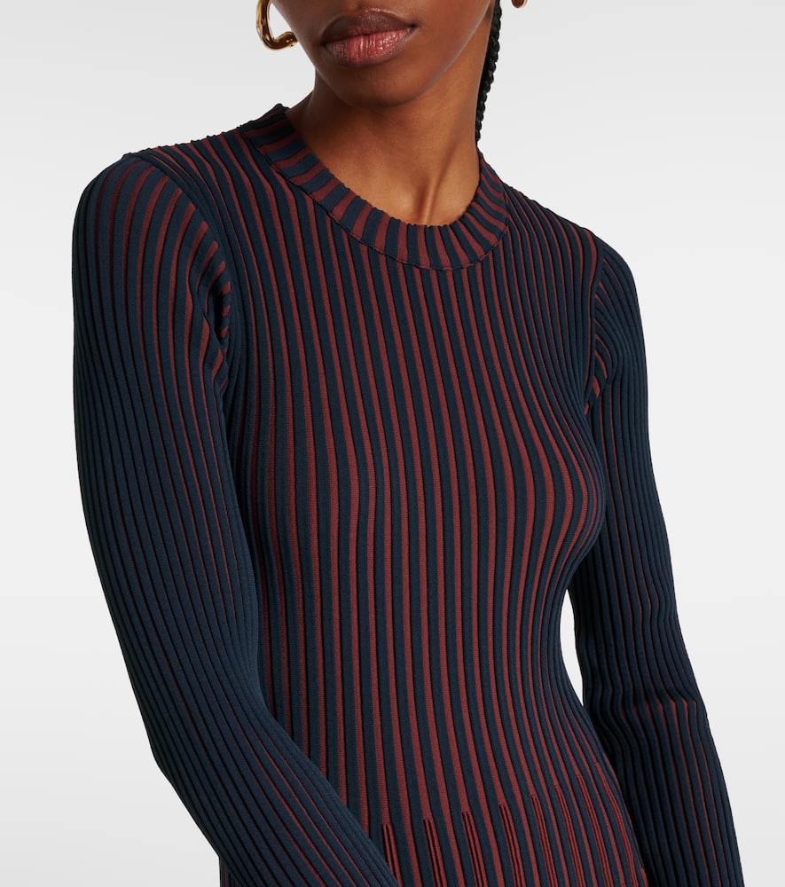 Striped ribbed-knit pleated midi dress
