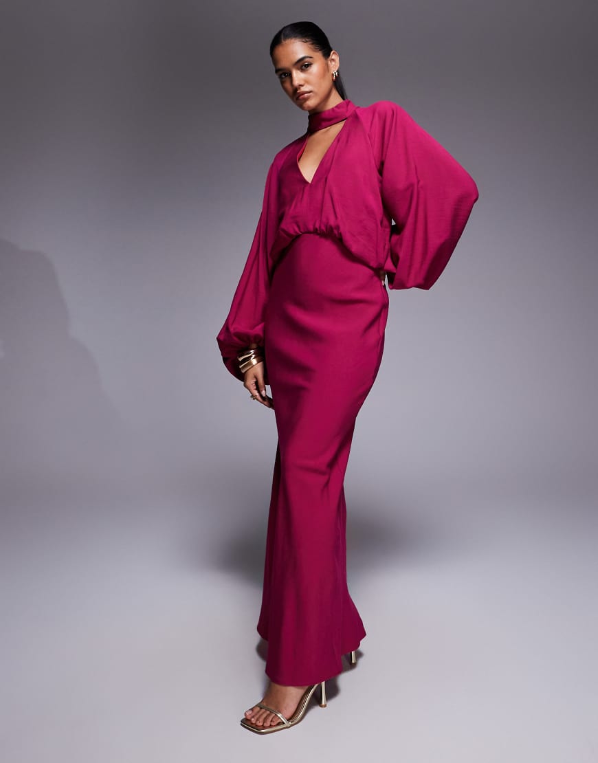 High neck plunge maxi dress with blouson sleeves in raspberry-Pink