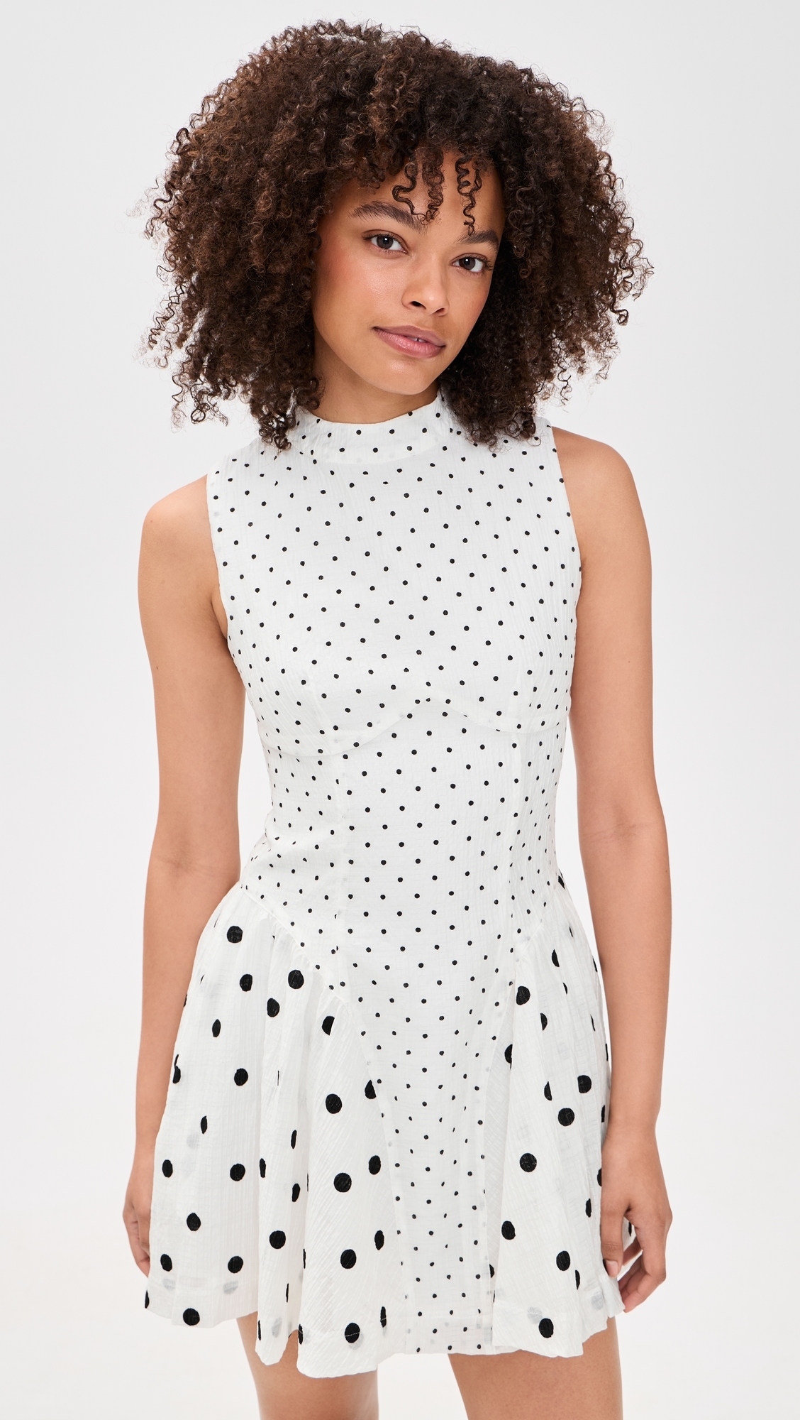 Polka-Dot Mix Gathered Hip Mini Dress White