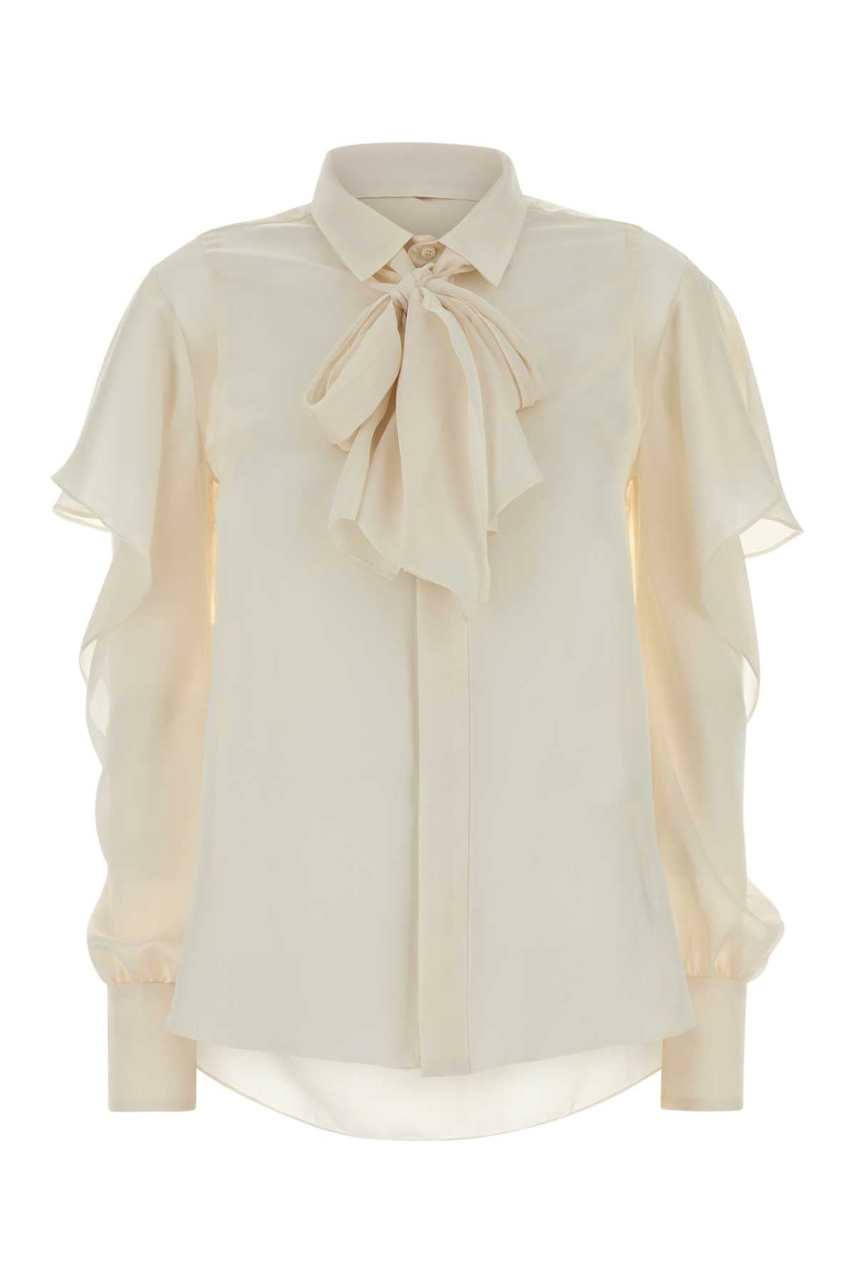 Bow-Tie Collar Polyester Shirt — Beige