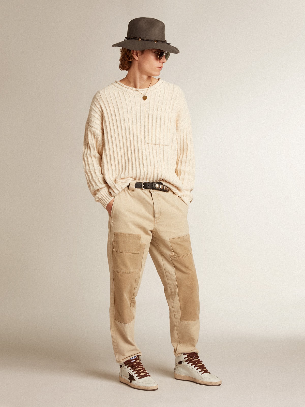 Golden Goose - Men’s Sky-star In White Nappa Leather With A Chocolate Suede Star, Man