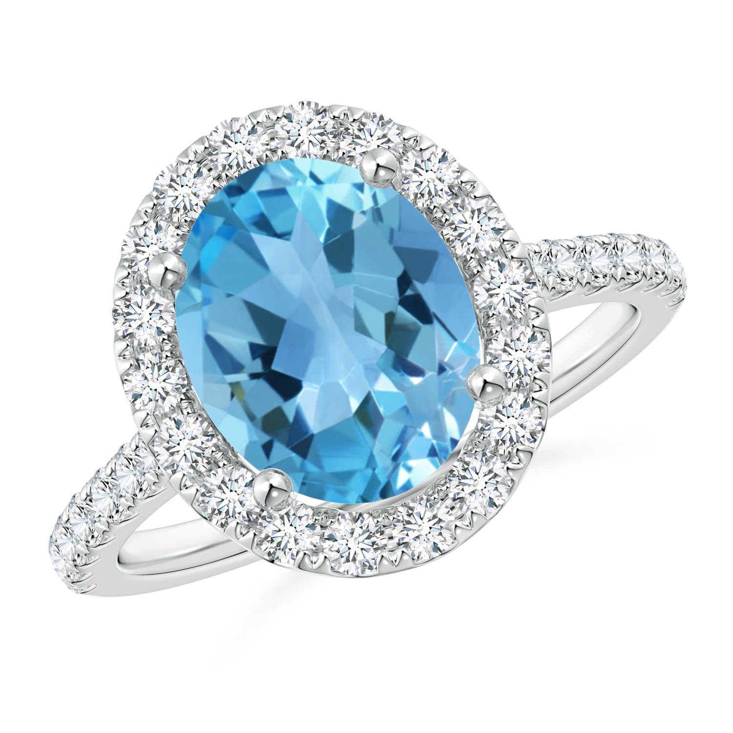 Angara 3.25 Carats Prong-Set Oval Swiss Blue Topaz Halo Ring with Diamond Accents in Platinum