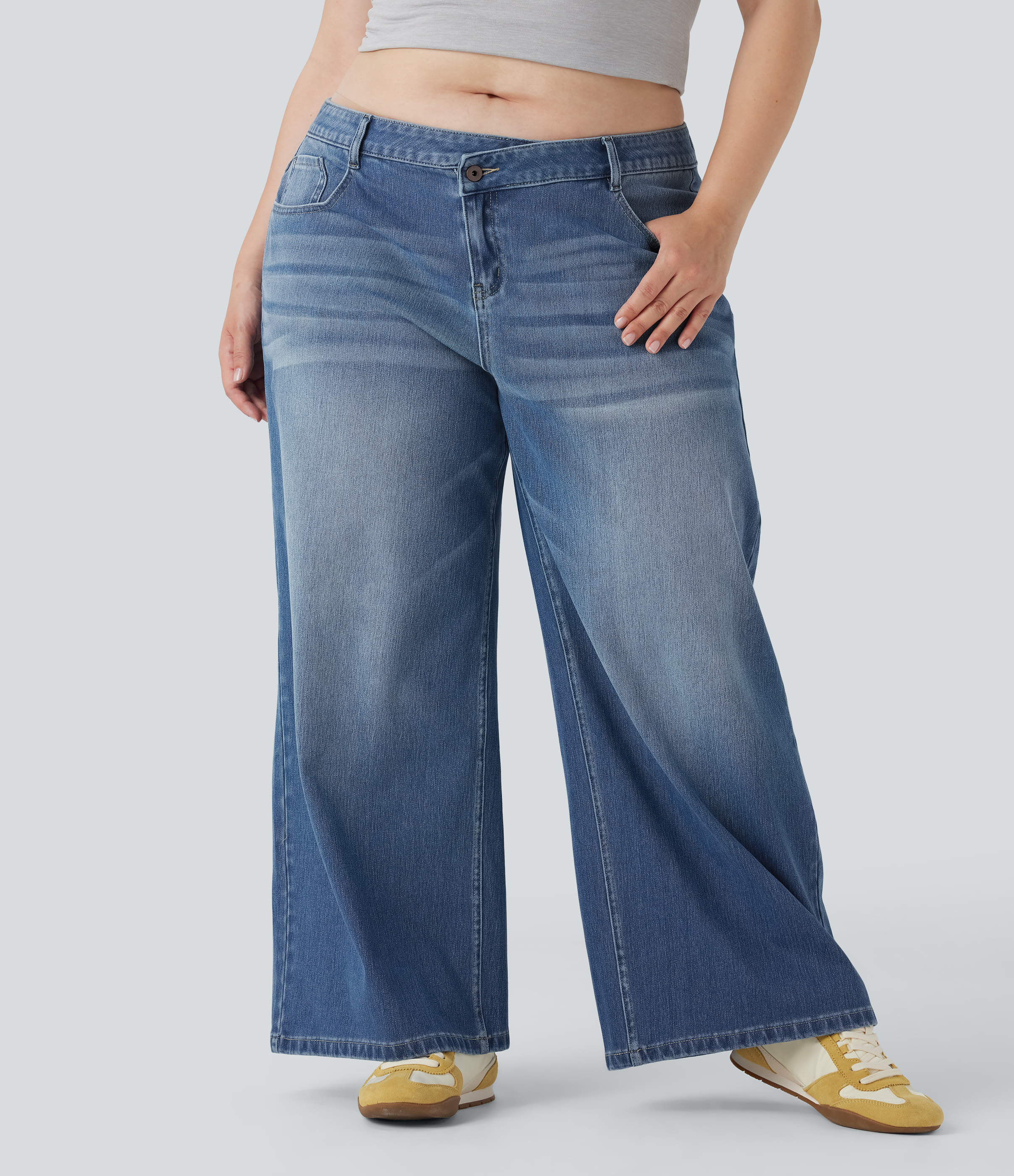 Plus Size Flex™ Asymmetric Low Rise Wide Leg Washed Casual Jeans with Pockets  - Blue Jasper Denim