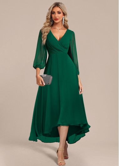 Modlily Green Surplice High Low Three Quarter Length Sleeve Dre