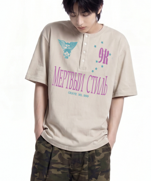 NO999 Henley Neck Short Sleeve T-Shirt _2color