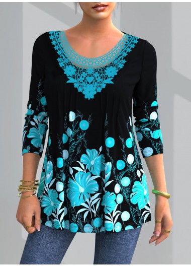 Modlily Blue Lace Floral Print Long Sleeve Blouse