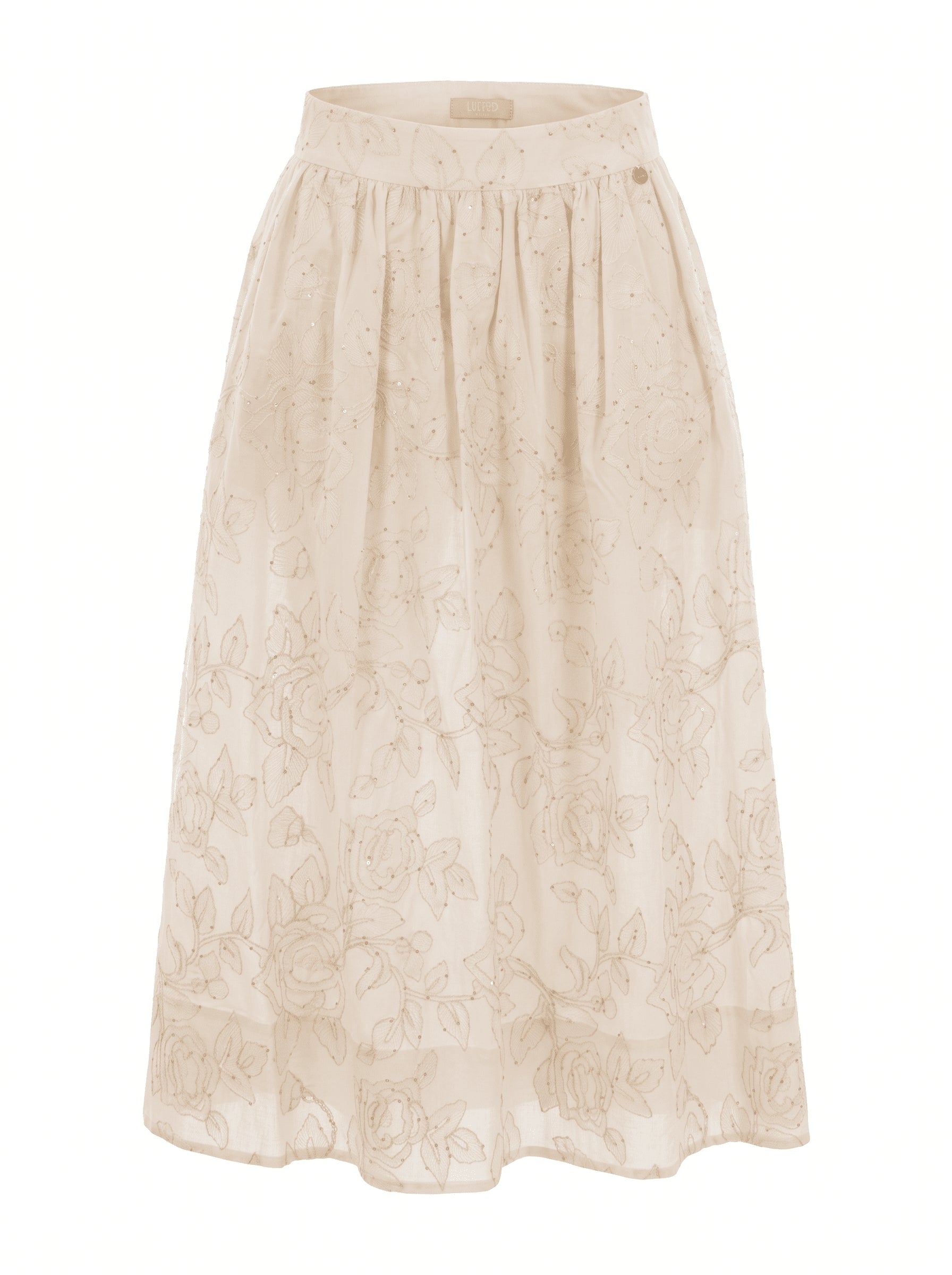 Floral Embroidered Cotton Muslin Skirt — Beige