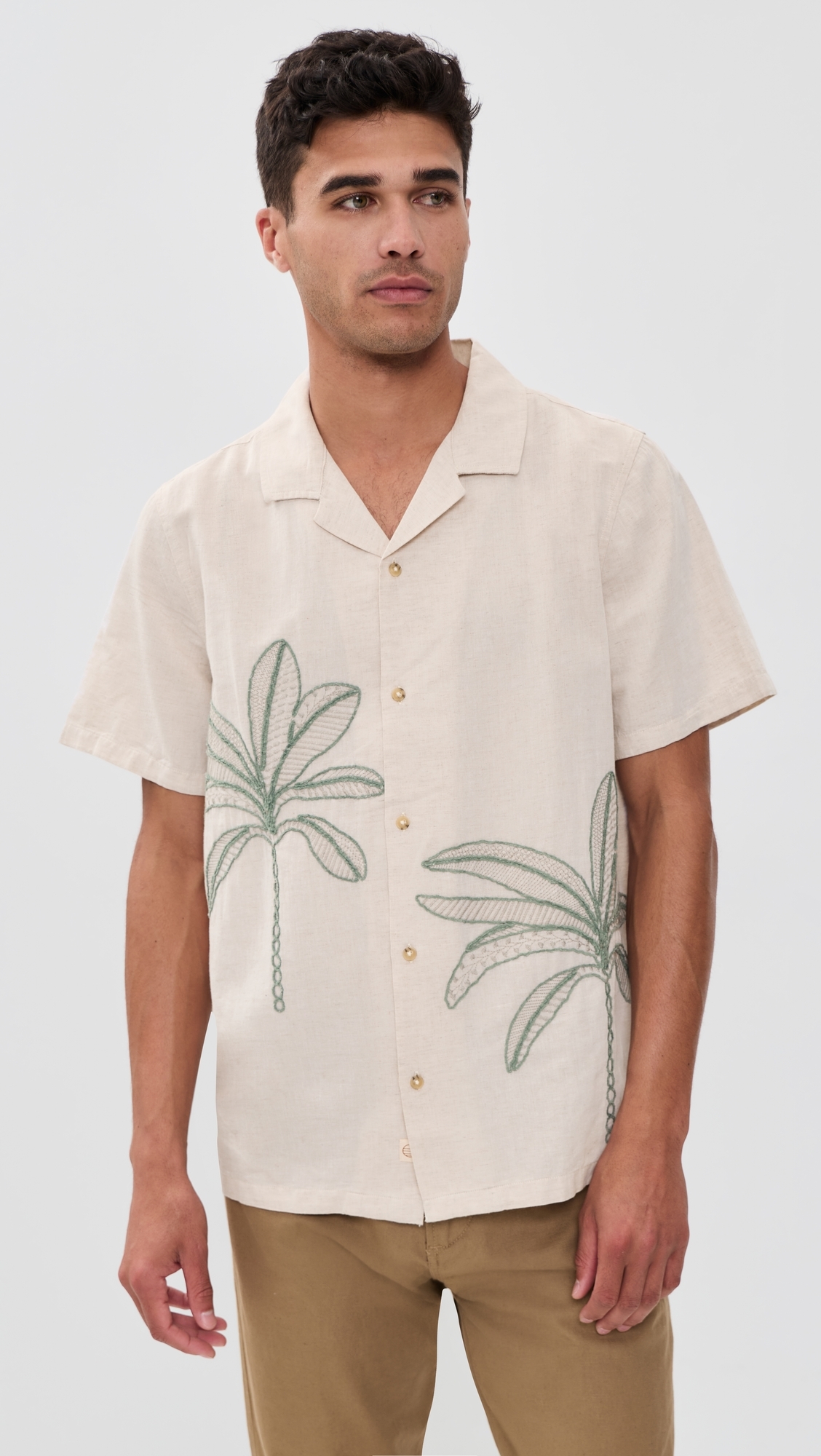 Embroidered Resort Shirt Cream/Green Palm