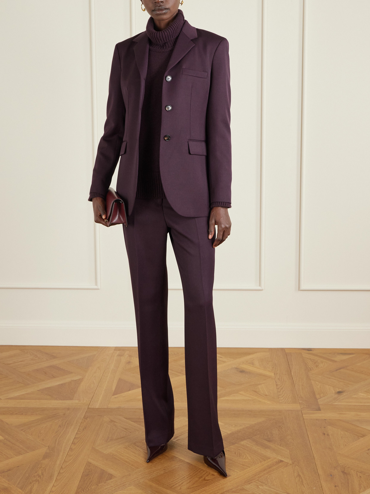 Pleated Grain De Poudre Wool Flared Pants - Purple