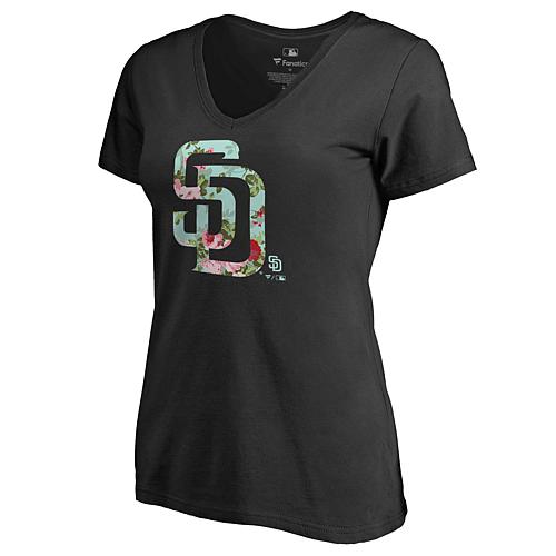Officially Licensed MLB Women's San Diego Padres Black V-Neck T-Shirt