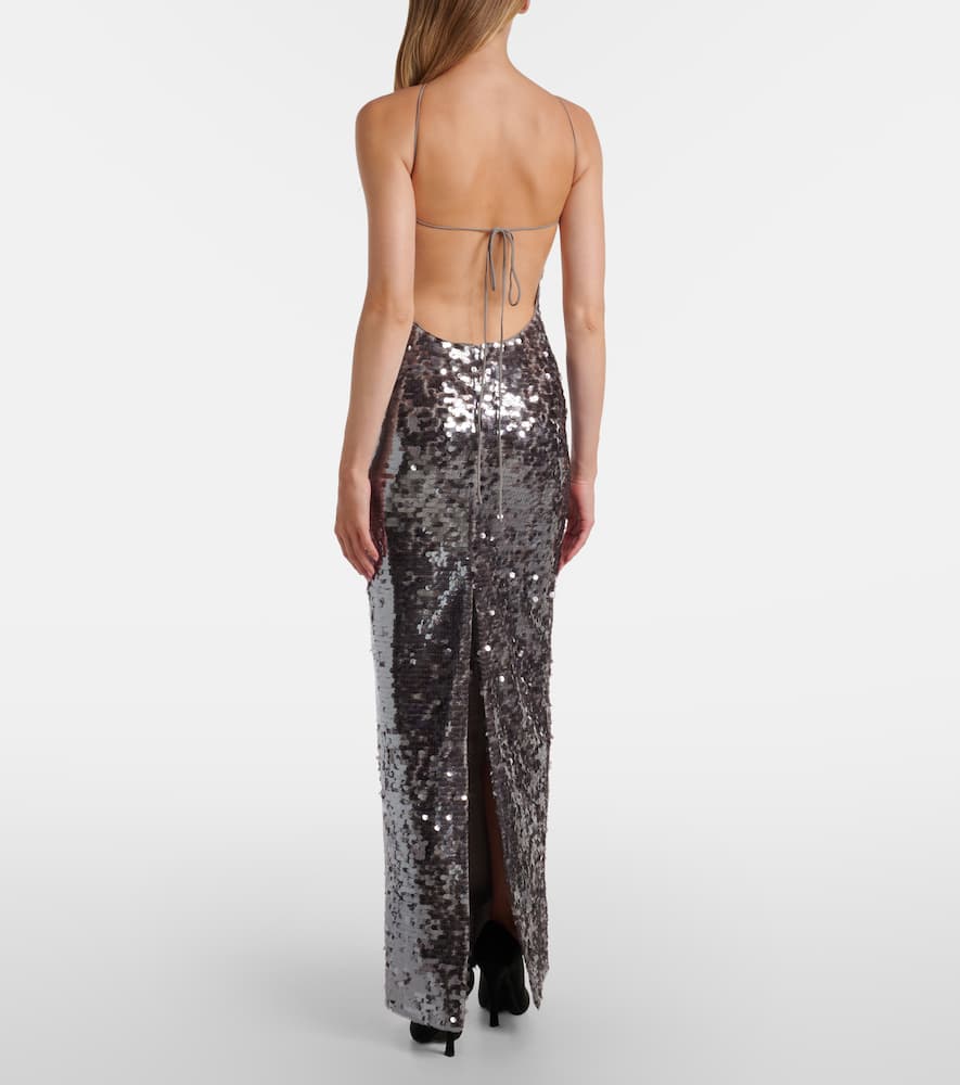 Floral-appliqué sequined gown