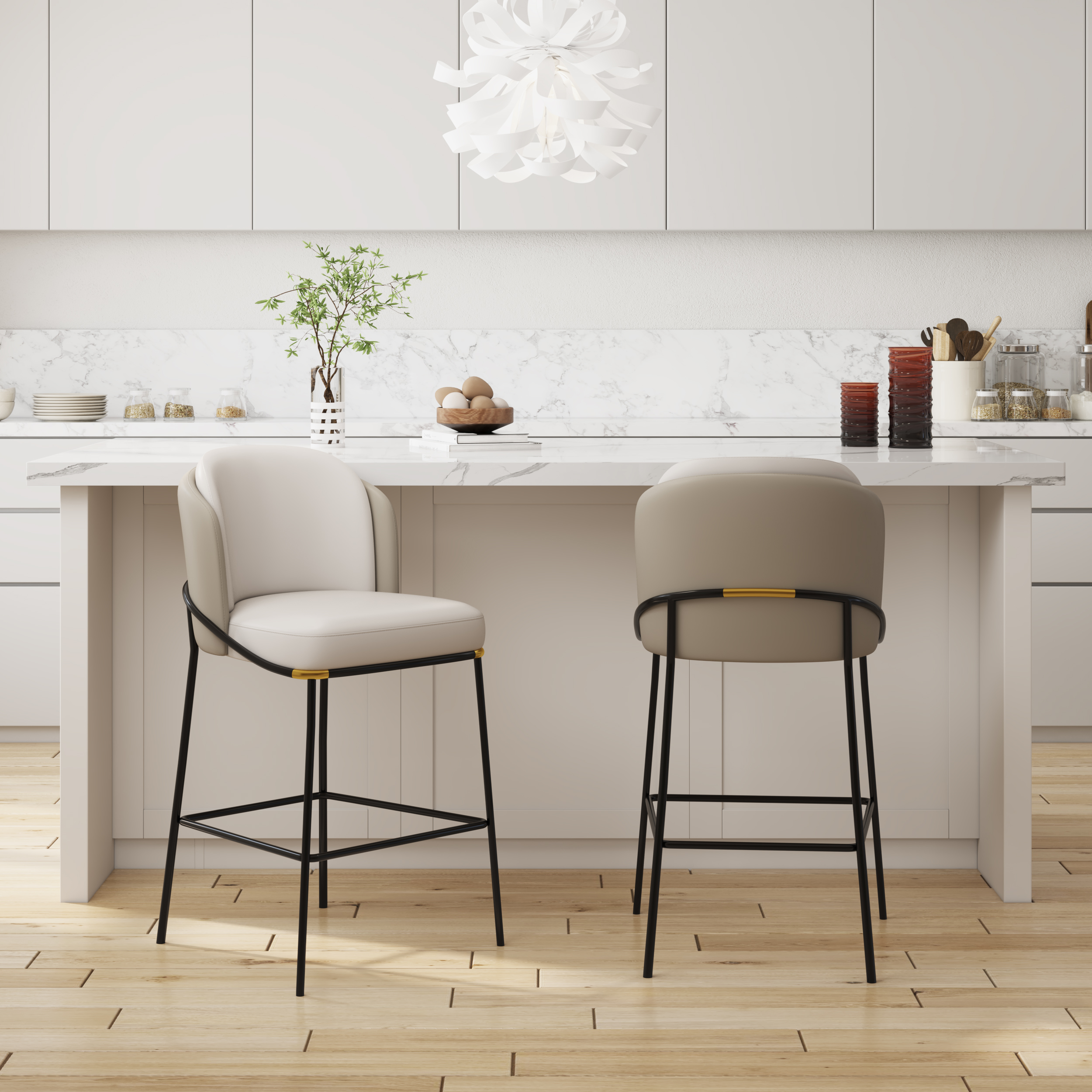 Modern PU Leather Breakfast Counter Stool Gray with Back & Footrest