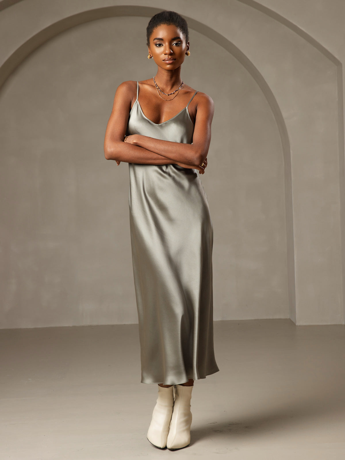 Pure Silk Spaghetti Strap Midi Dress