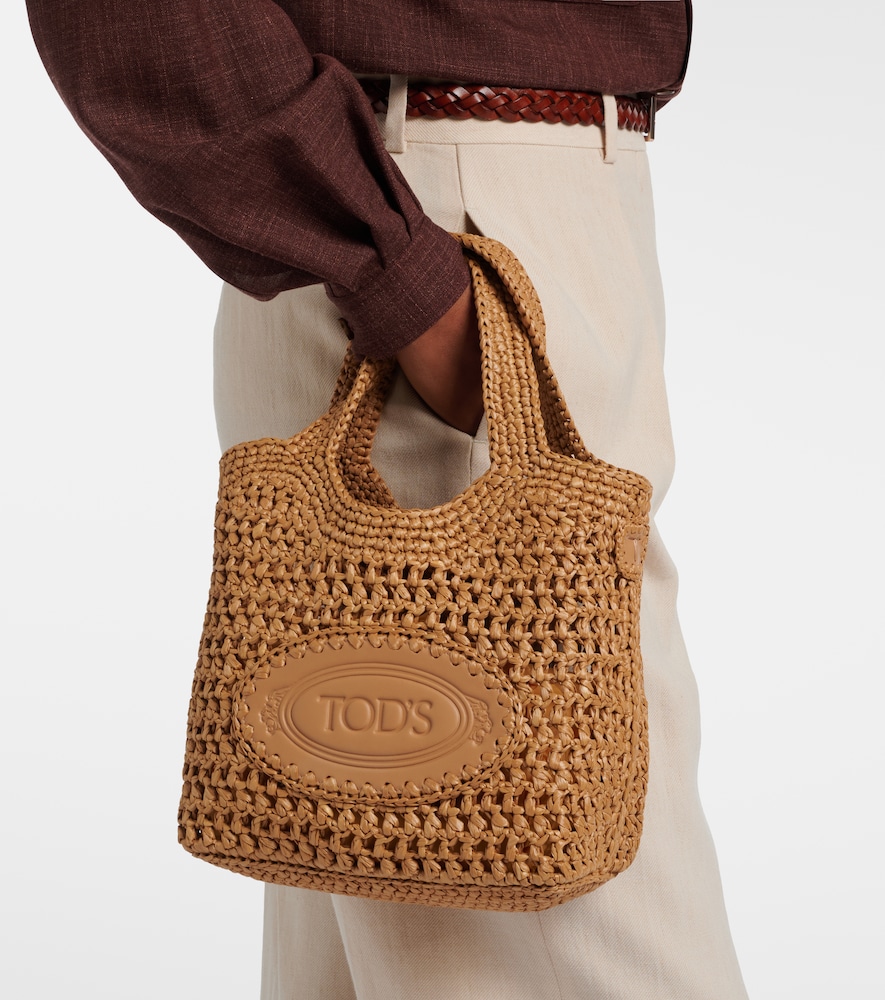 Logo leather-trimmed raffia tote bag